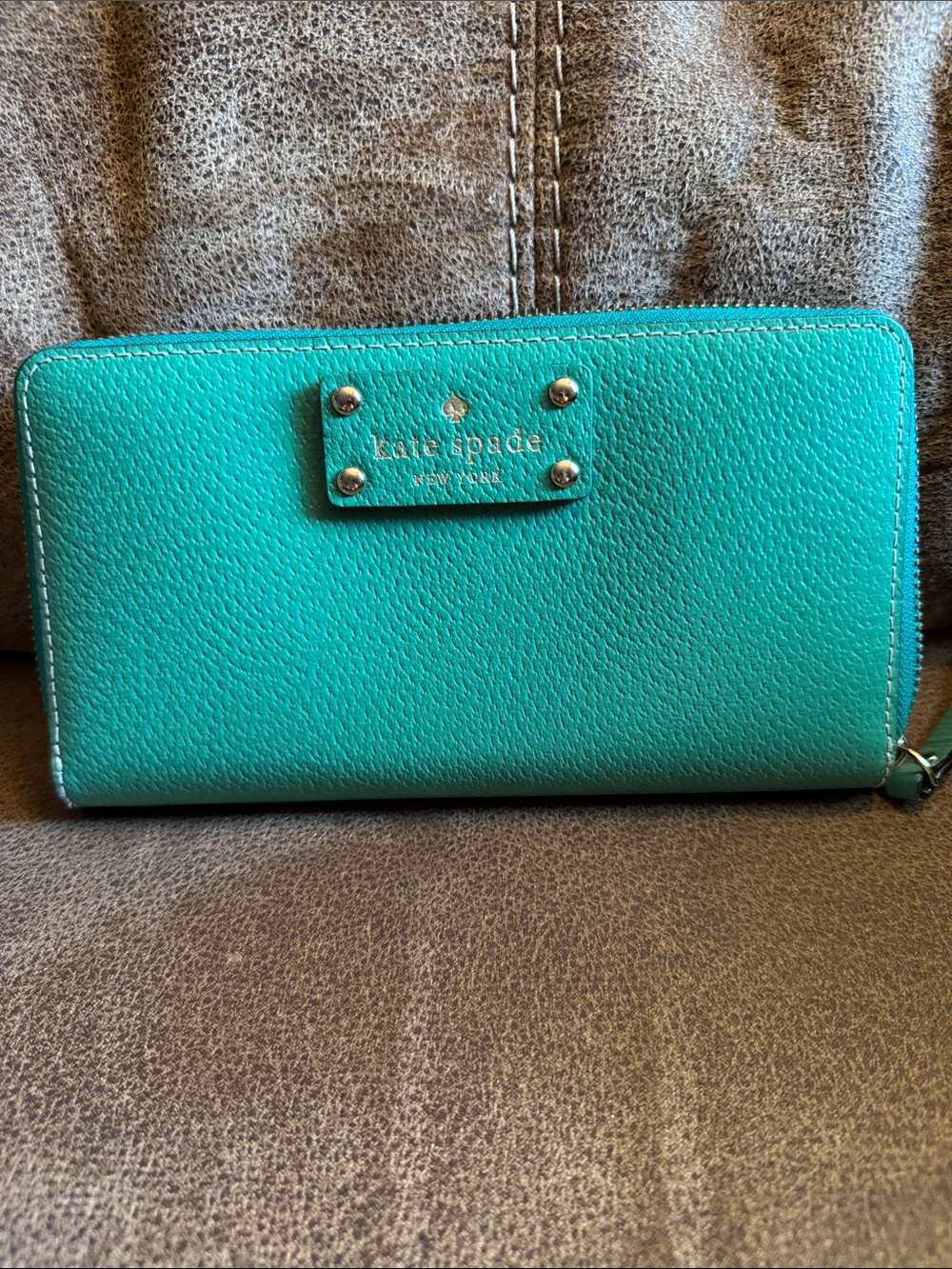 Kate Spade Teal pebble leather zip wallet with gold hardware